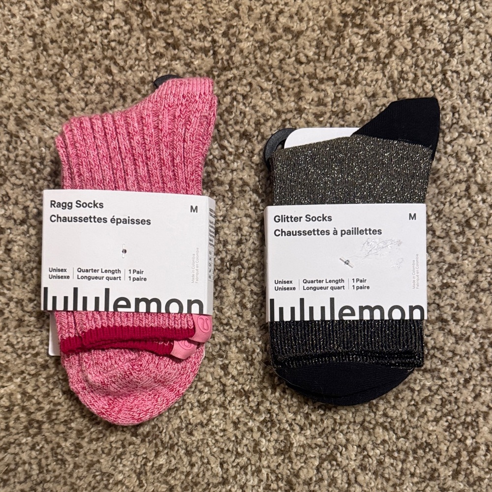 LULULEMON Pink Ragg Socks & Black/Gold Glitter Socks - Pack of 2. Size Medium.